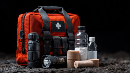 A red bag with a cross on it and other medical supplies. The bag is on a dark surfaceの素材