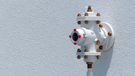 A white fire hydrant with red and white markings on it. The hydrant is attached to a wallの素材