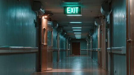 A long hallway with a green exit sign. The hallway is empty and the lights are on. The exit sign is lit up and stands out against the blue wallsの素材
