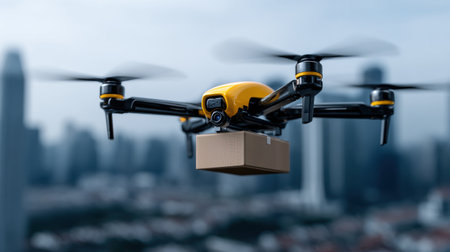 A drone is flying over a city with a box attached to it. The drone is yellow and black in colorの素材