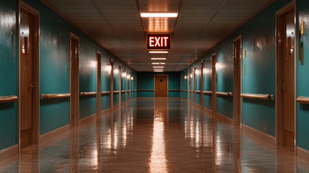 A long hallway with a red exit sign. The hallway is empty and the exit sign is lit upの素材