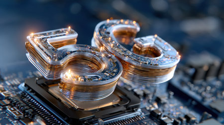 A computer chip with the number 5 on it. The chip is surrounded by a lot of other chips and wiresの素材