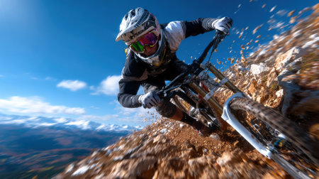 A man is riding a bike down a rocky mountain. Concept of adventure and excitement as the man navigates the challenging terrainの素材
