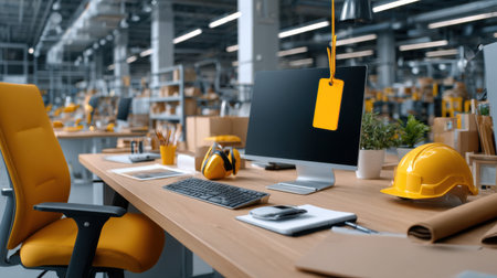 A yellow chair sits in front of a computer monitor with a yellow tag on it. The computer is on and the tag says "tagged." The desk is cluttered with various items, including a keyboard, mouseの素材