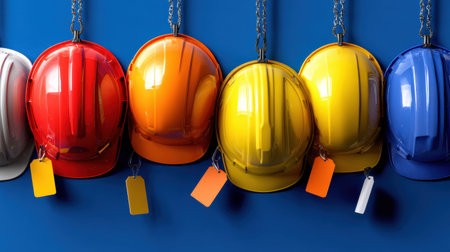 A row of safety helmets with tags on them. The helmets are of different colors and sizes. Concept of organization and safety in a work environmentの素材