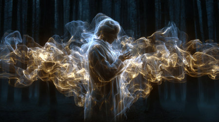 A man is standing in front of a large, glowing cloud of smoke. The smoke is orange and yellow, and it seems to be surrounding the man. The image has a surreal and mysterious moodの素材