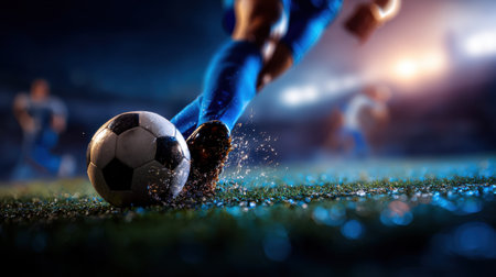 A soccer ball is kicked by a player in a field. The image captures the excitement and energy of the gameの素材