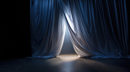 A curtain is open in a dark room, with a light shining through the gap. The scene is mysterious and intriguing, with the light creating shadows and adding to the sense of depthの素材