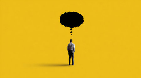 A man stands in front of a yellow background with a black cloud in the middle. Concept of uncertainty and contemplation, as the man is deep in thoughtの素材