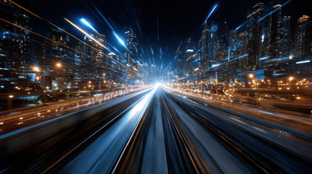 A cityscape with a long road that is lit up with lights. The lights are scattered throughout the scene, creating a sense of movement and energy. The image conveys a feeling of excitement and motionの素材