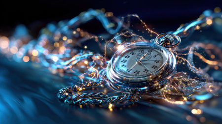 A silver watch with a chain around it is on a blue surface. The watch is surrounded by a lot of sparkles, giving it a magical and ethereal appearanceの素材