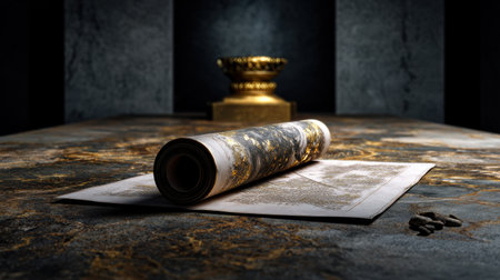 A gold and silver object sits on a table next to a rolled up piece of paper. The object is a bowl, and the paper is a scroll. The scene is set in a room with a dark, moody atmosphereの素材