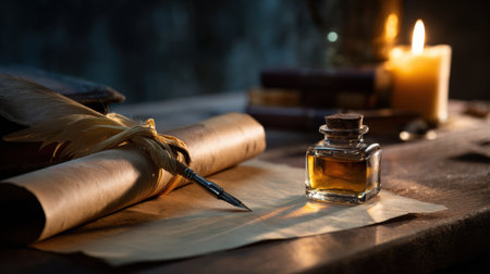 A candle sits on a table next to a pen and a scroll of paper. The candle is lit, casting a warm glow on the sceneの素材