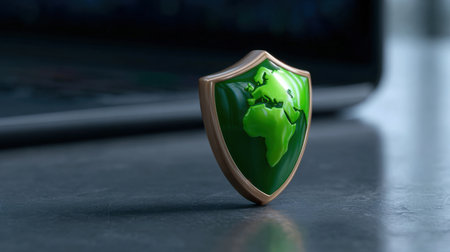 A green shield with a globe on it. The shield is placed on a tableの素材