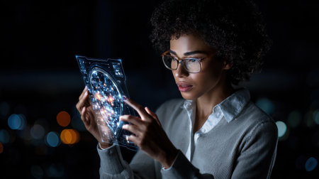 A woman is looking at a screen with a 3D image of a face. She is wearing glasses and she is focused on the imageの素材