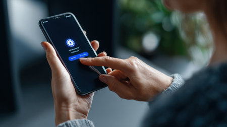 A woman is holding a cell phone and pressing a button. The phone is displaying a blue icon with a white letter "i" on itの素材