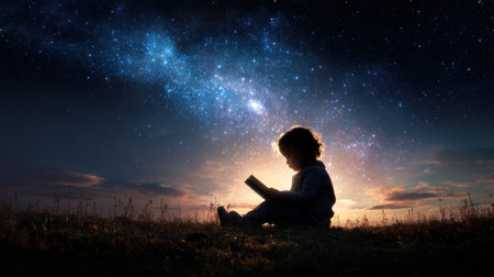 A child is reading a book in a field at night. The sky is filled with stars and the grass is darkの素材