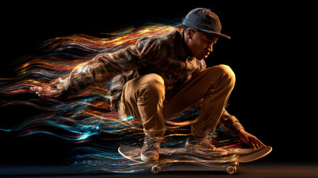 A man is skateboarding and the image is in black and white. The skateboarder is wearing a hat and jeansの素材