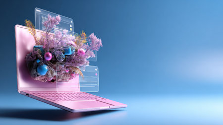 A pink laptop with a flowery screen and a blue background. The flowers are floating above the screenの素材