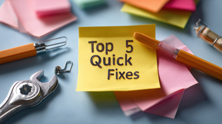A yellow sticky note with the words top 5 quick fixes written on it. The note is placed on top of a blue surface with various tools and other itemsの素材