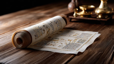 A scroll of paper with Hebrew writing on it is laying on a wooden table. The scroll is unrolled and he is a Torah scroll. The table is surrounded by various objects, including a bowl, a vaseの素材