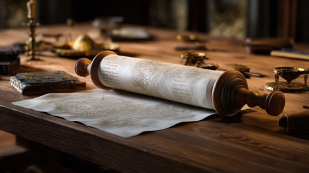A scroll of paper is on a wooden table. The scroll is old and has writing on it. The table is cluttered with various items, including a cup, a bowl, and a book. The scene gives off a sense of historyの素材