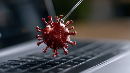 A red virus is stuck in the middle of a keyboard. Concept of danger and fear, as the virus is a symbol of a deadly disease. The red color of the virus also adds to the ominous mood of the imageの素材
