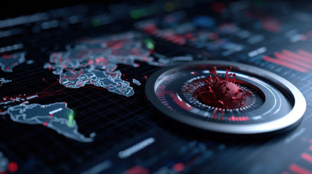 A computer screen shows a red circle with a virus in the middle. The virus is surrounded by a red border and is located in the center of the screen. Concept of danger and urgencyの素材