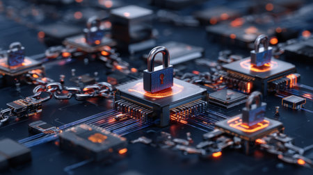 A computer chip with a lock on it. The lock is surrounded by other locks. Concept of security and protectionの素材