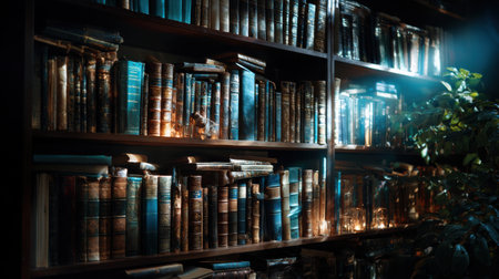 A library with many books on the shelves. The books are mostly blue and the shelves are woodenの素材