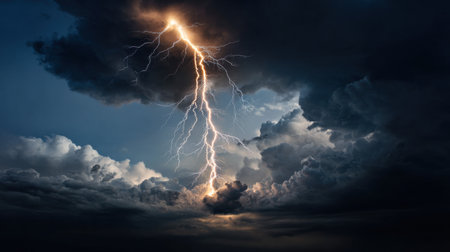 A lightning bolt is seen in the sky above a dark, stormy cloud. Scene is ominous and foreboding, as the storm clouds loom overhead and the lightning strikes add to the sense of danger and uneaseの素材