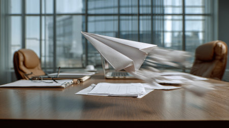 A paper airplane is flying through the air above a desk with a laptop and a pair of glassesの素材
