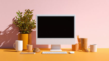 A computer monitor sits on a desk with a plant and a cup of coffee. The desk is set up for work or study, with a keyboard and mouse nearby. Concept of productivity and focusの素材