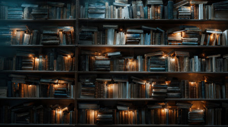 A bookcase with many books and lights on the shelves. Scene is cozy and invitingの素材