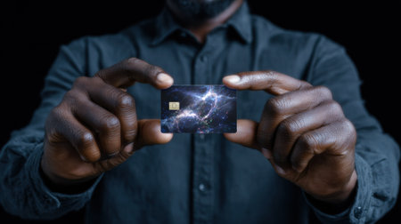 A man is holding a credit card with a picture of a lightning bolt on it. The card is black and shinyの素材