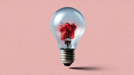 A light bulb with red flowers inside of it. The light bulb is lit up and the flowers are glowing. Concept of warmth and love, as the red flowers symbolize passion and romanceの素材