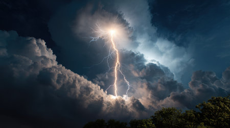 A bolt of lightning strikes the sky, illuminating the dark clouds. The scene is dramatic and intense, with the lightning bolt creating a sense of danger and aweの素材