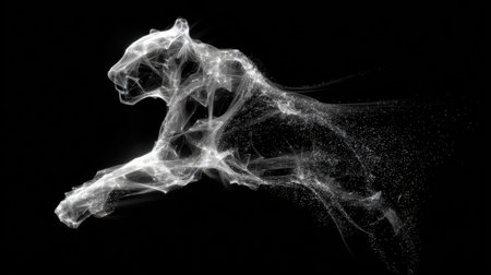 A cat is leaping through the air with a white background. The cat is depicted in a way that it is made of a web of lines. The image has a dreamy, ethereal quality to itの素材