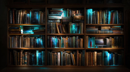 A bookcase filled with books with a blue glow. The books are illuminated and the shelves are lined with books of various sizes. Scene is one of curiosity and wonderの素材