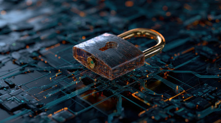 A golden lock is on a circuit board. The lock is surrounded by a blue and black backgroundの素材