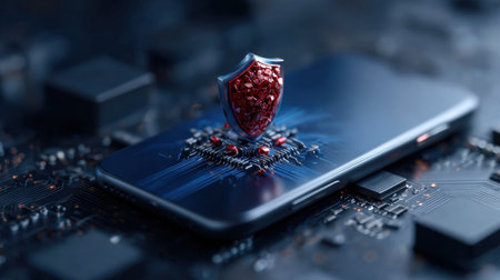 A phone with a red shield on it. The shield is made of small red pieces of metalの素材