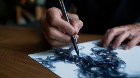 A man is drawing with a pen on a piece of paper. The drawing is abstract and has a lot of black and white colors. The man seems to be focused on his workの素材