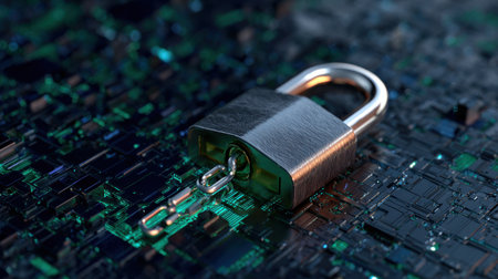 A silver lock is on a green background. The lock is surrounded by a chain. The lock is on a circuit boardの素材