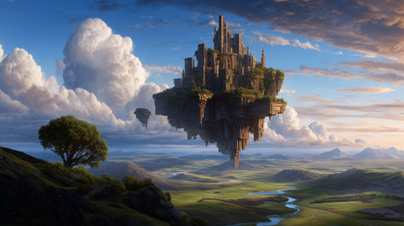 A castle is floating in the sky above a lush green valley. The castle is surrounded by mountains and a river runs through the valley. The sky is filled with clouds, giving the scene a dreamyの素材