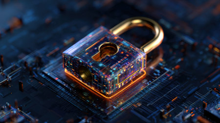 A golden lock is on a circuit board. The lock is surrounded by a blue and orange backgroundの素材
