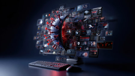 A computer monitor displays a virus with a red and black color scheme. Concept of danger and fear, as the virus is depicted as a menacing force that threatens to infect and harm. The use of redの素材