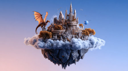 A dragon is flying over a castle in the sky. The castle is surrounded by clouds and has a blue and white color schemeの素材