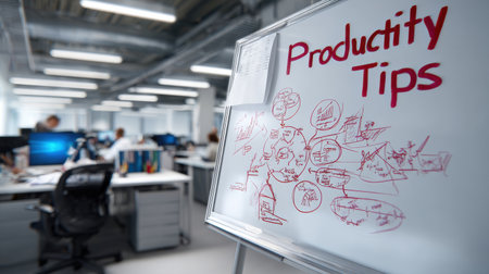 A white board with red writing that says "Productivity Tips" is displayed in a room with several people working at their desksの素材