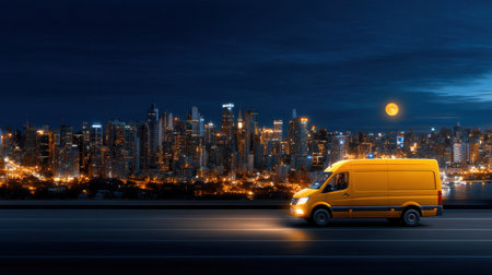 A yellow van is driving down a city street at night. The city is lit up with lights, creating a warm and inviting atmosphereの素材