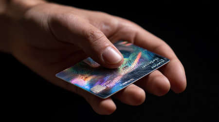 A hand holding a credit card with a rainbow pattern. The card is metallic and has a hologramの素材